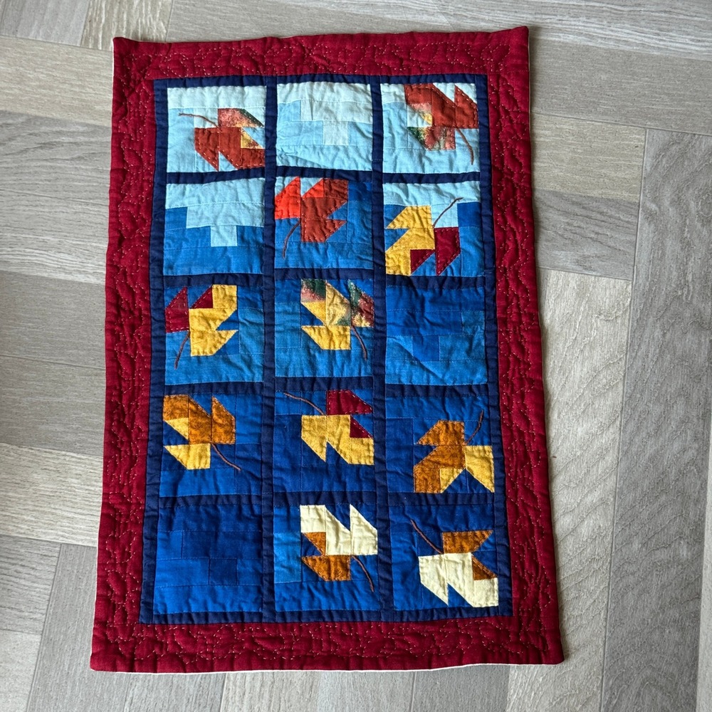 Handmade Quilted Autumn Leaf Wall Hanging Blue Red Fall Patchwork Folk Art Decor